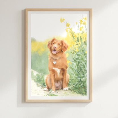Framed artwork of a brown dog sitting among yellow flowers on a white wall.