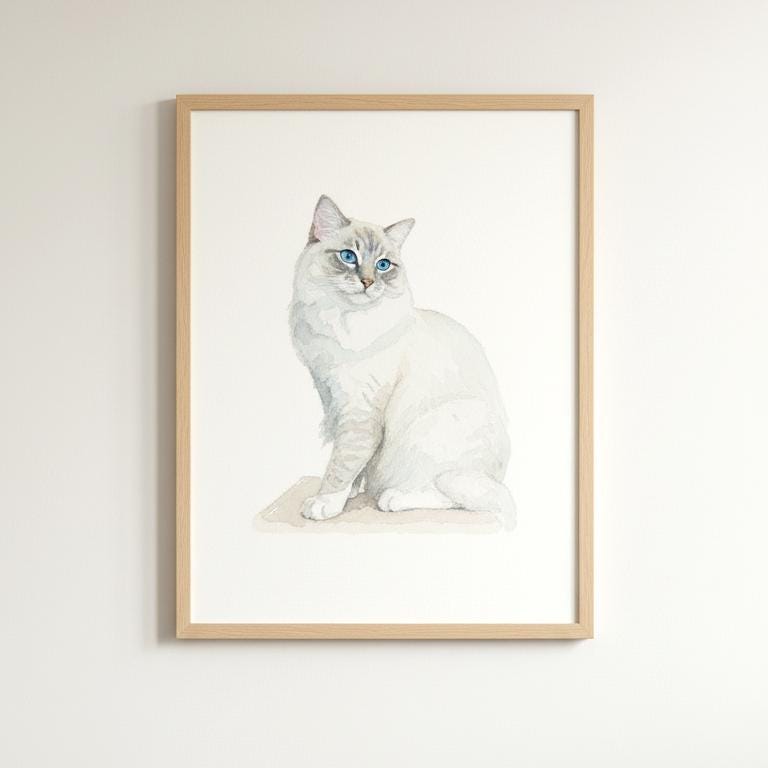 Framed artwork of a white cat with blue eyes on a light background