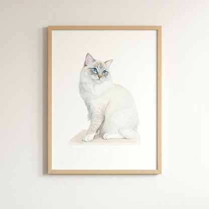 Framed artwork of a white cat with blue eyes on a light background