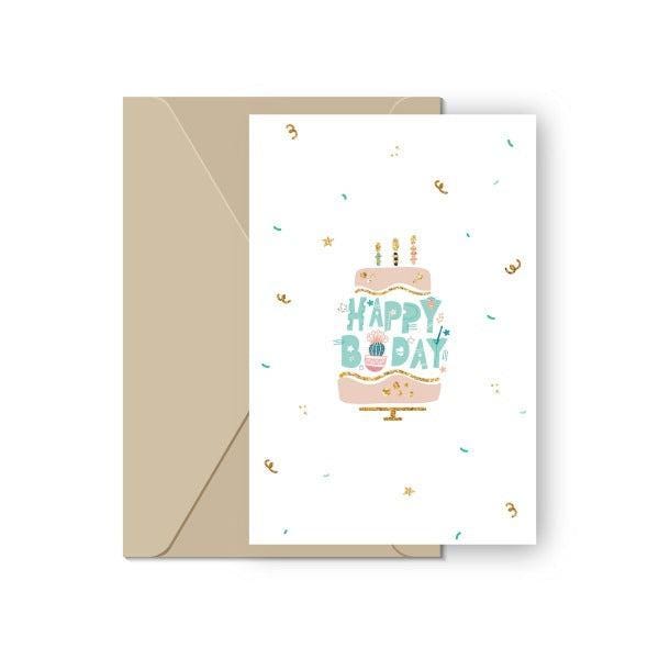 Greeting card with a birthday cake illustration and 'Happy Birthday' text, accompanied by a beige envelope.