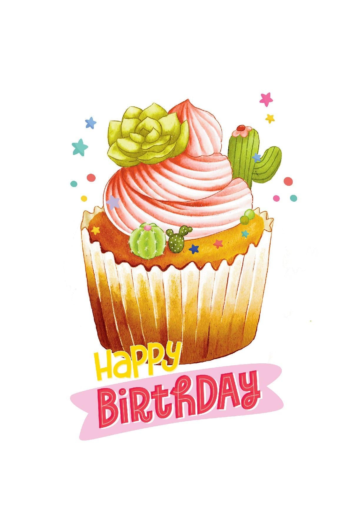 Cupcake with succulent decorations and 'Happy Birthday' text on a white background