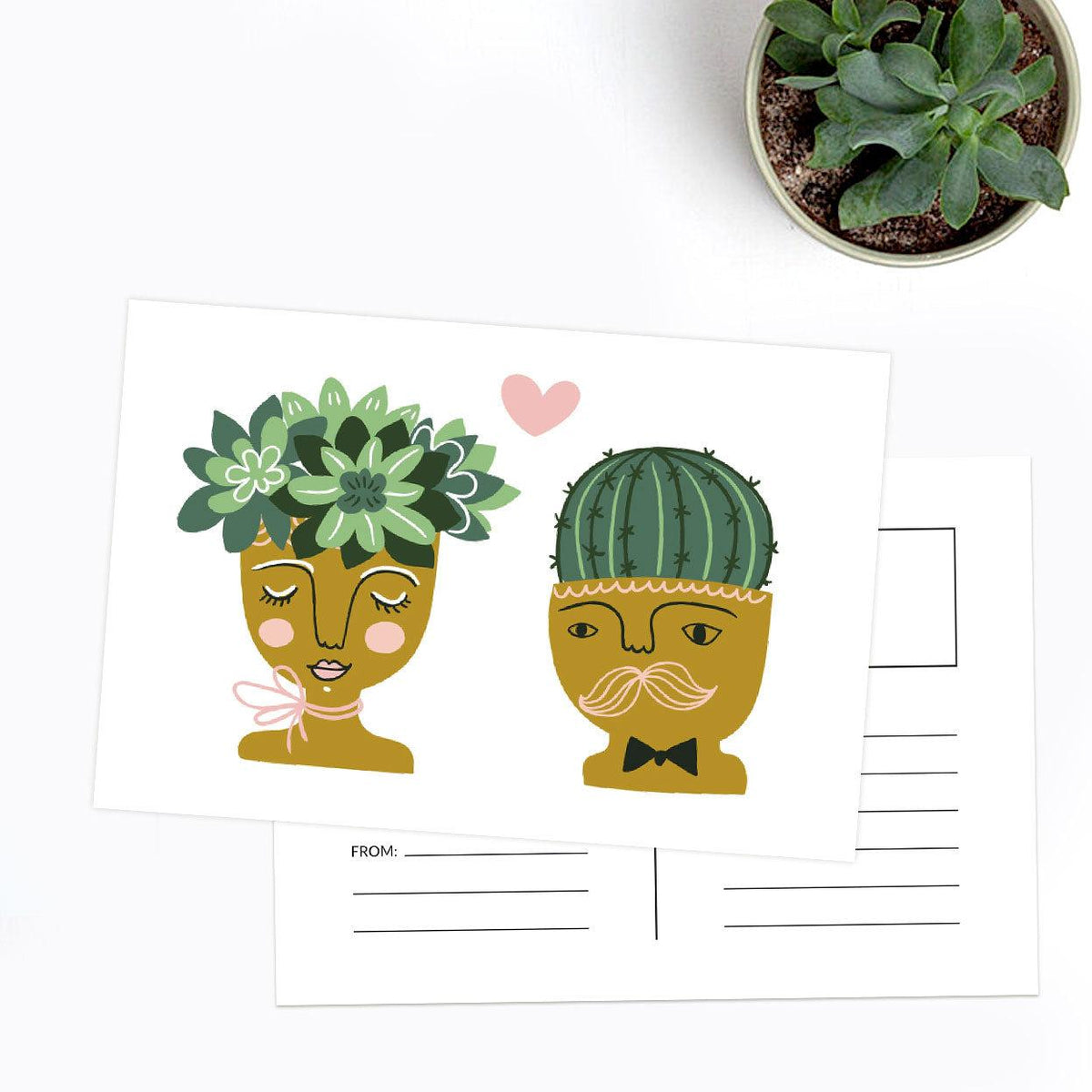 Postcard with illustrations of a cactus and succulent as faces, with a small potted plant in the corner.
