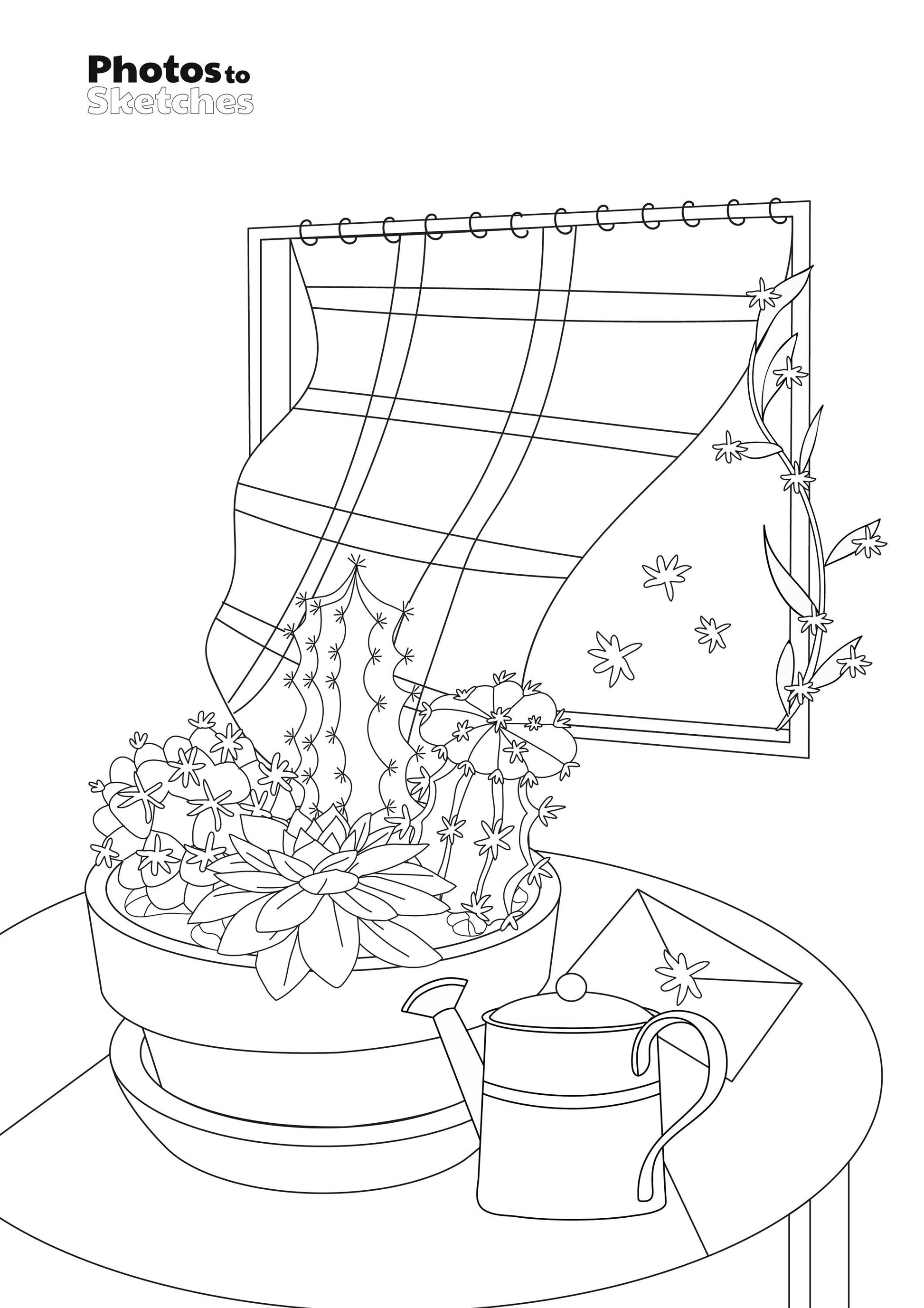 Coloring page with a potted plant, watering can, and framed picture on a table.