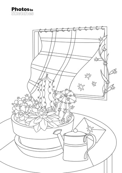 Coloring page with a potted plant, watering can, and framed picture on a table.