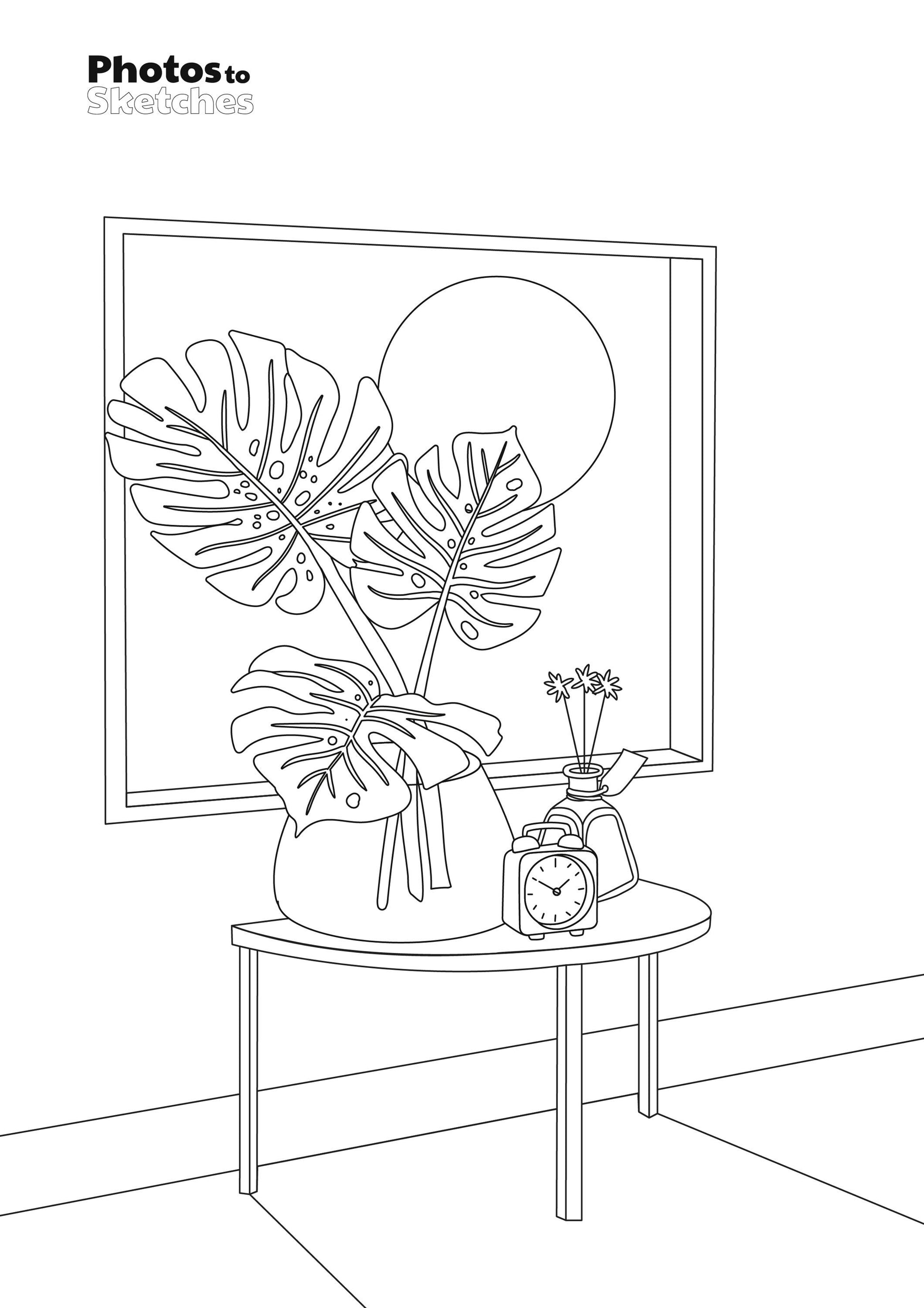 Line drawing of a room with a table, plants, and a clock.