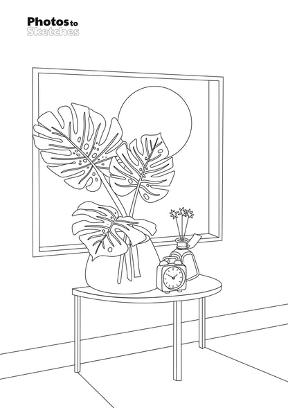 Line drawing of a room with a table, plants, and a clock.