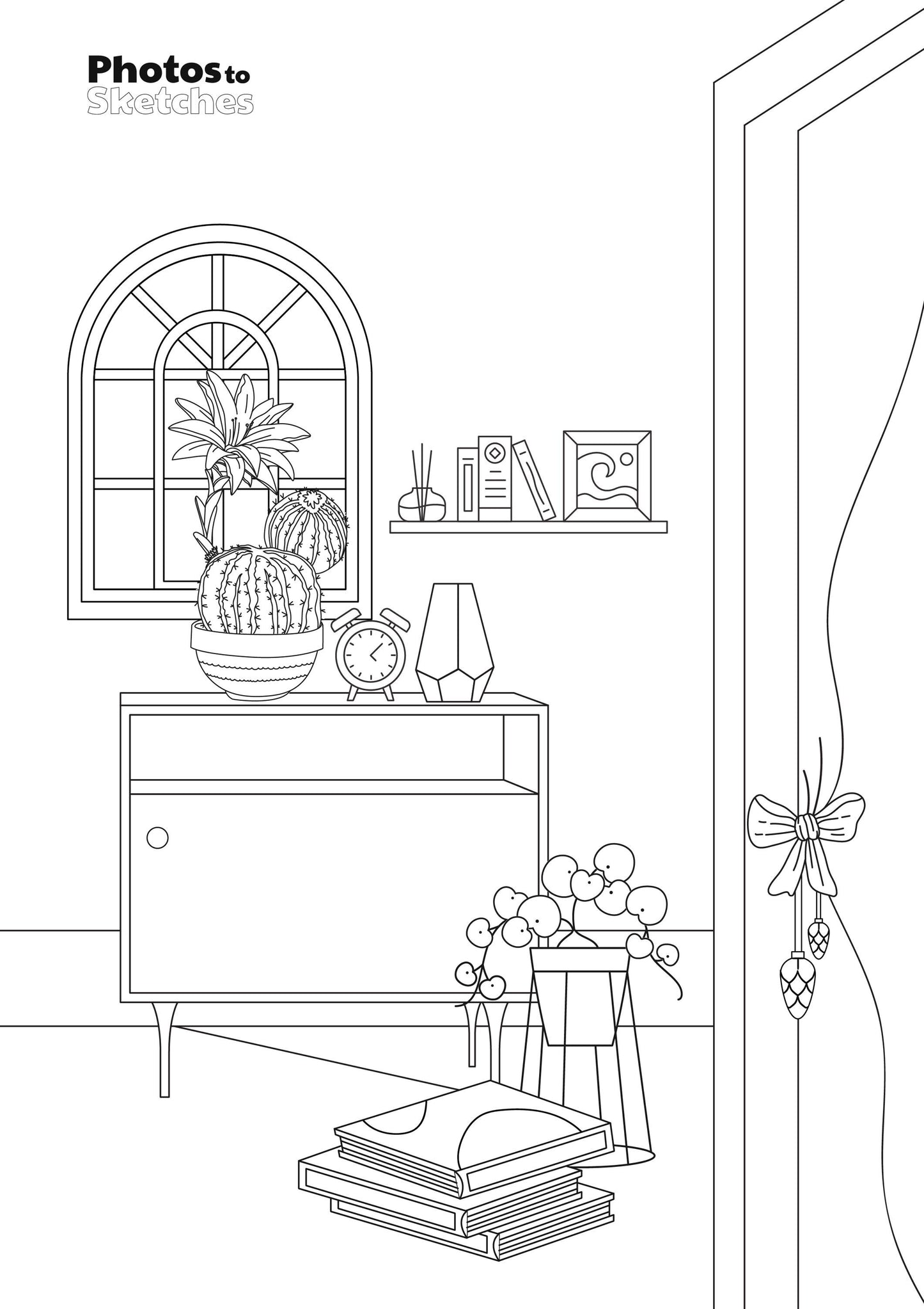 Line drawing of a room interior with a shelf, books, and a plant.