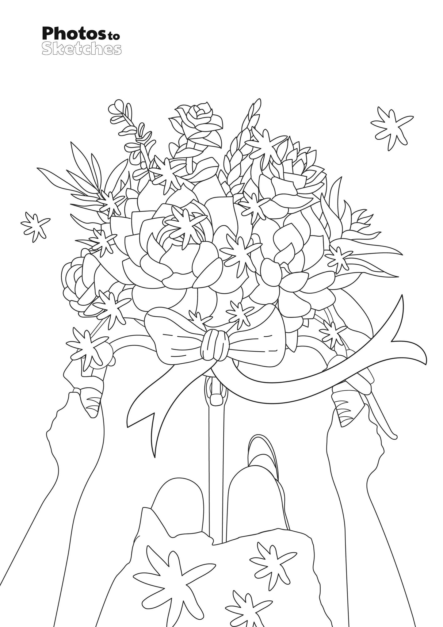 Coloring page of a bouquet of flowers with a bow, held by hands.