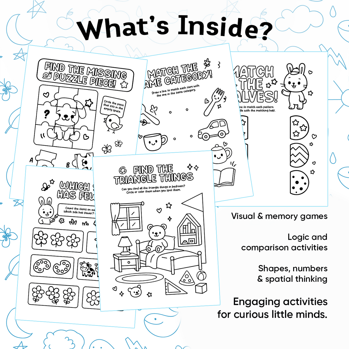 Educational activity sheets for children with various games and puzzles on a blue background.