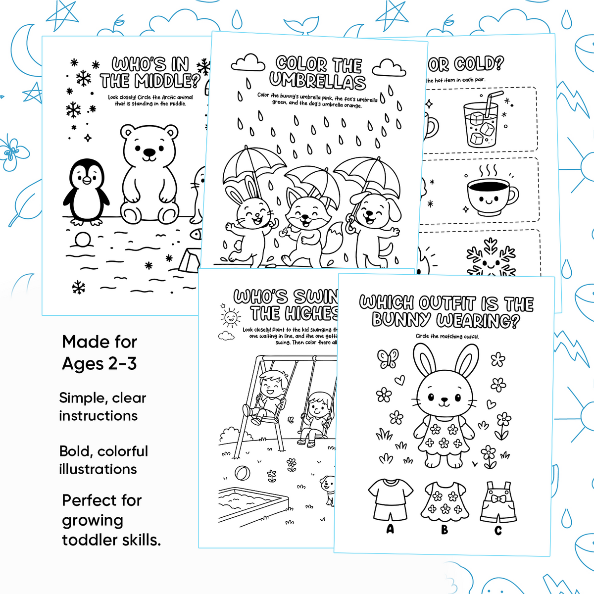 Educational coloring pages for toddlers with clear illustrations on a blue background.