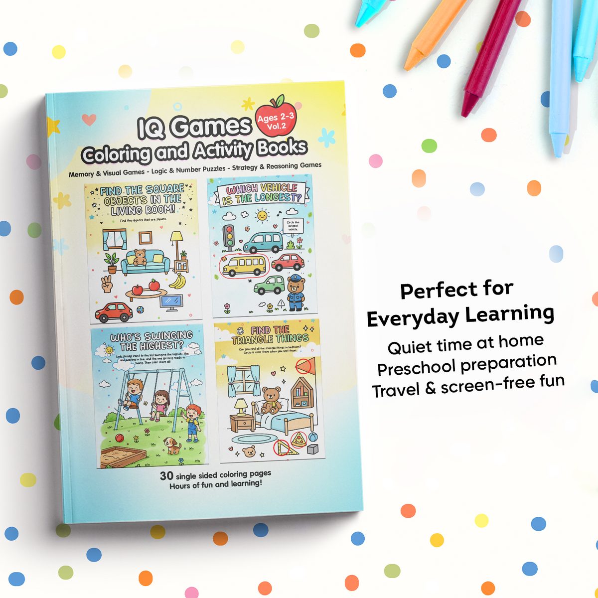 IQ Games Coloring and Activity Book on a blue background with colorful markers.