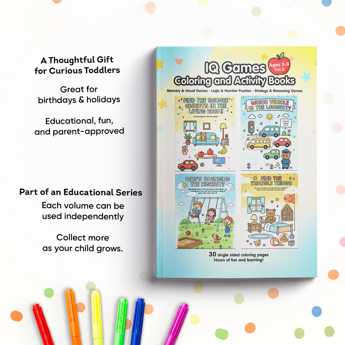 IQ Games Coloring and Activity Books for toddlers with colorful markers on a white background