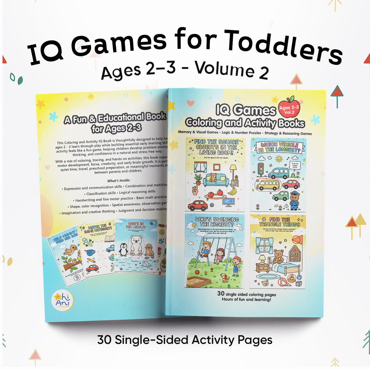 IQ Games for Toddlers coloring and activity books with cartoon animals on a light blue background.