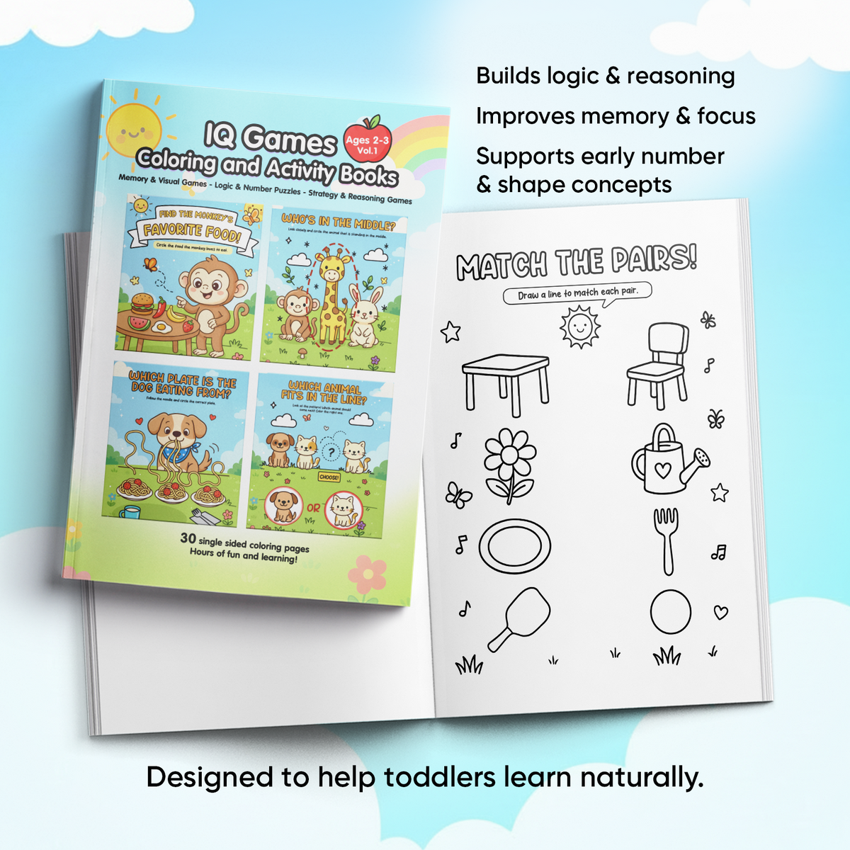 IQ Games coloring and activity book with a sample page on a blue background