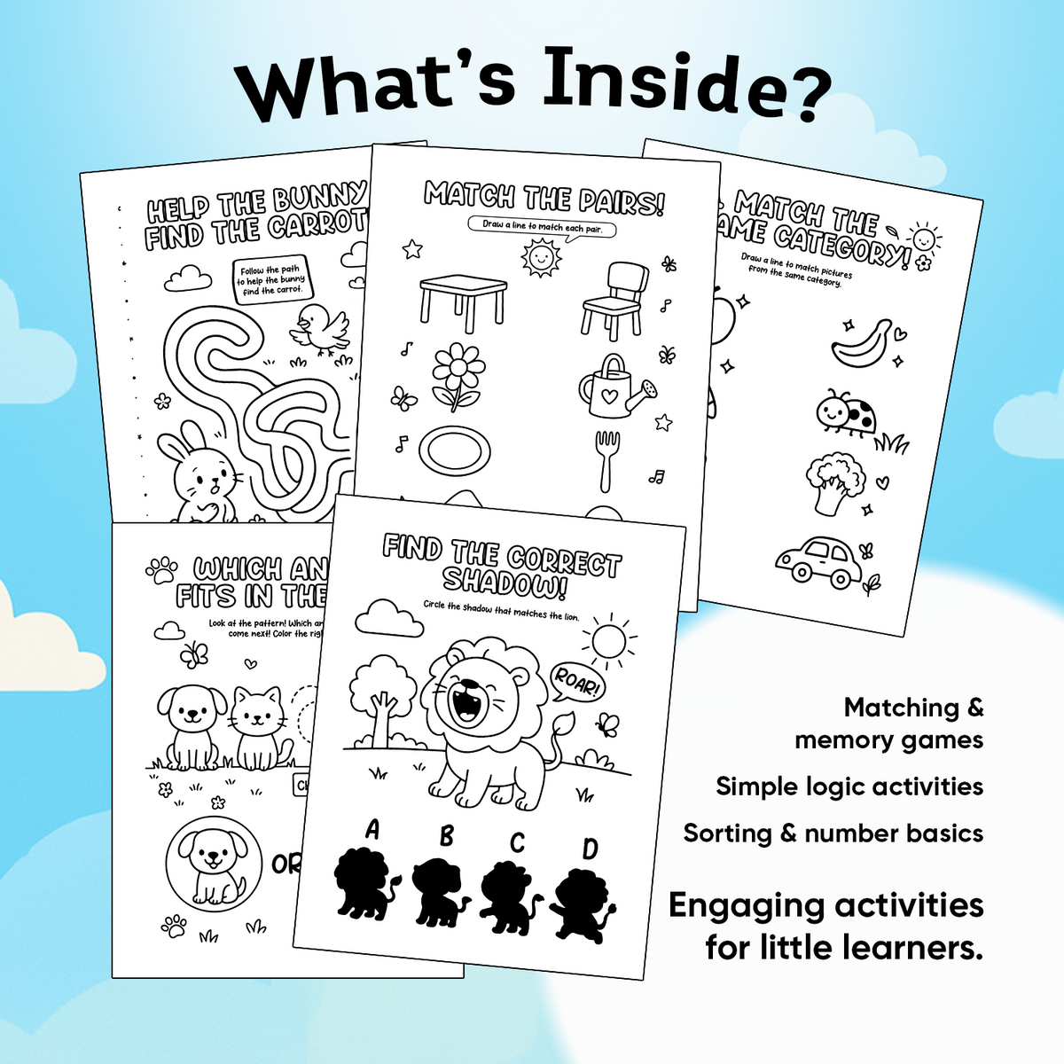 Educational activity sheets for children with various games and puzzles on a blue background.