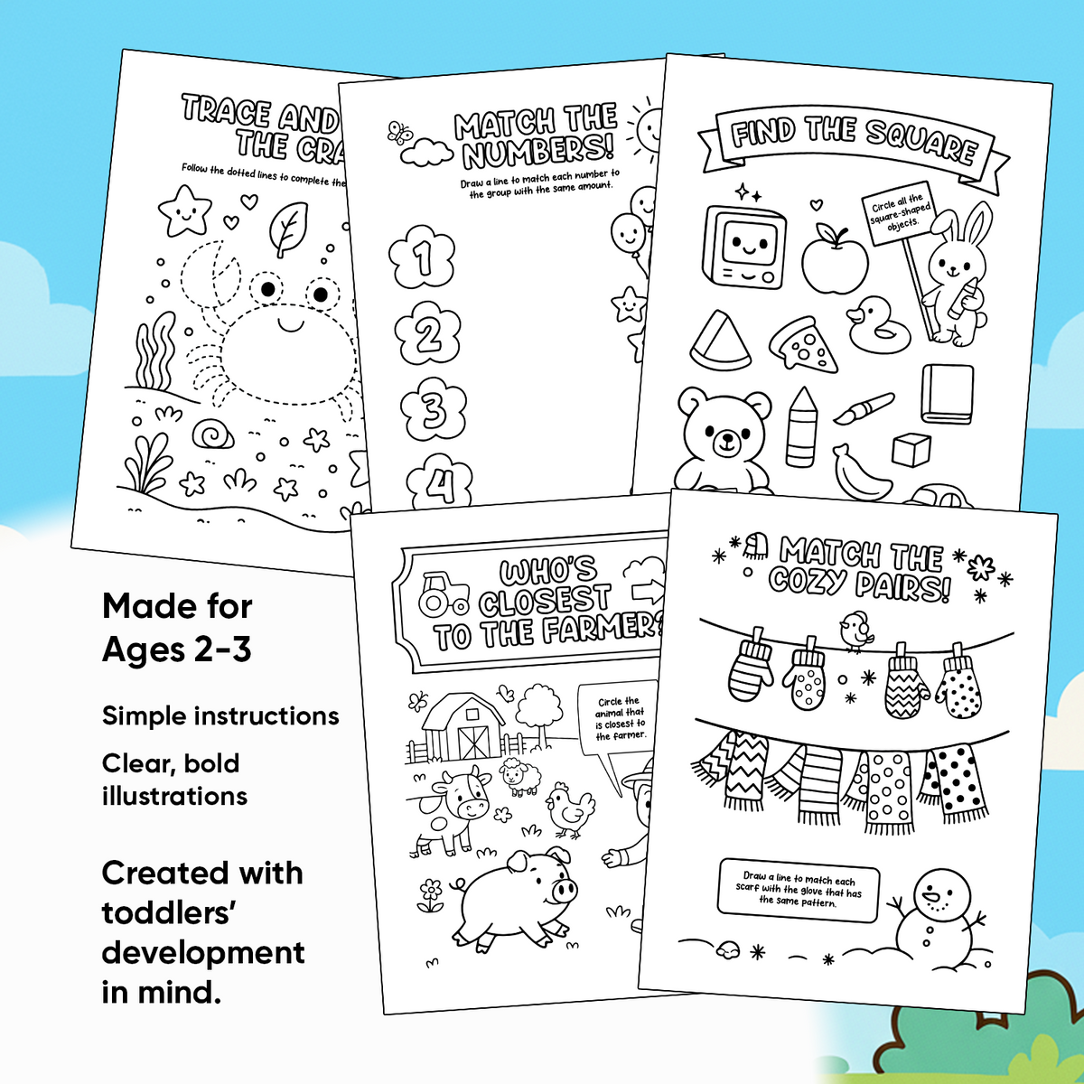 Educational coloring pages for toddlers with clear illustrations on a blue background.
