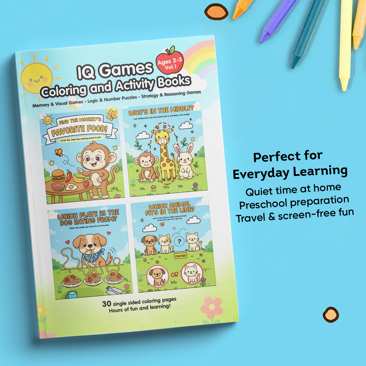 IQ Games Coloring and Activity Book on a blue background with colorful markers.