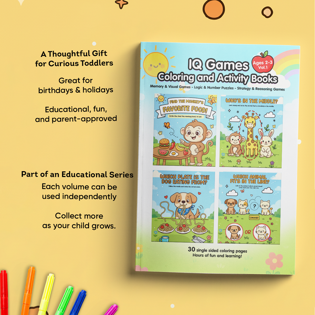IQ Games Coloring and Activity Books on a yellow background with colorful markers.