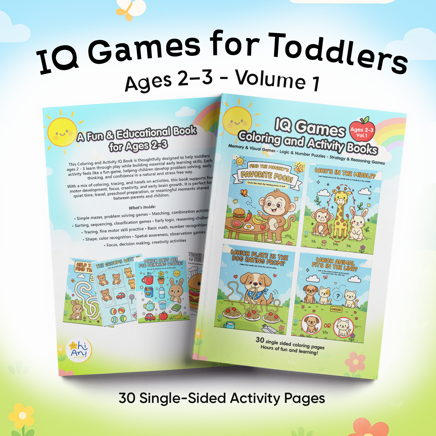 IQ Games for Toddlers coloring and activity books with cartoon animals on a light blue background