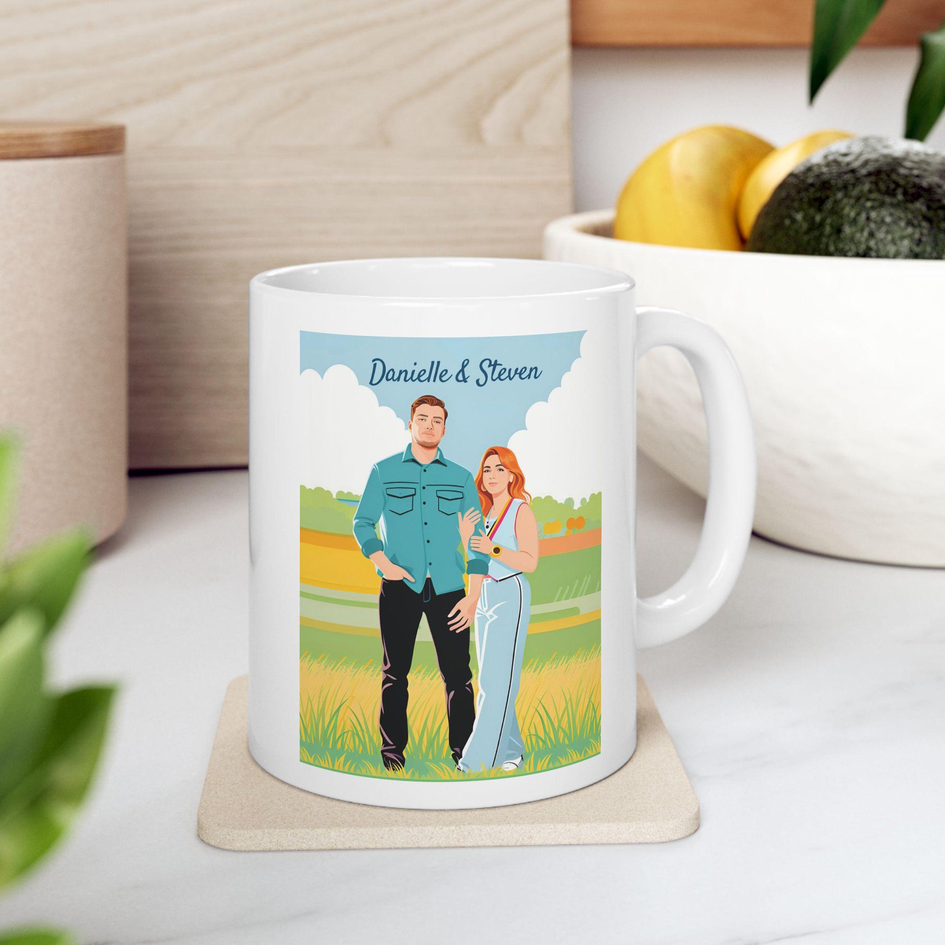 Personalized mug with a custom illustrated couple design, displayed on a coaster in a kitchen setting