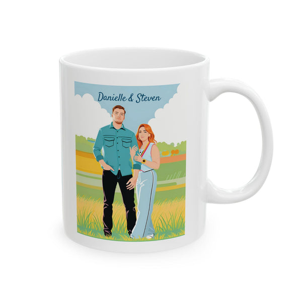White personalized mug featuring a custom illustrated couple design in a colorful outdoor scene.
