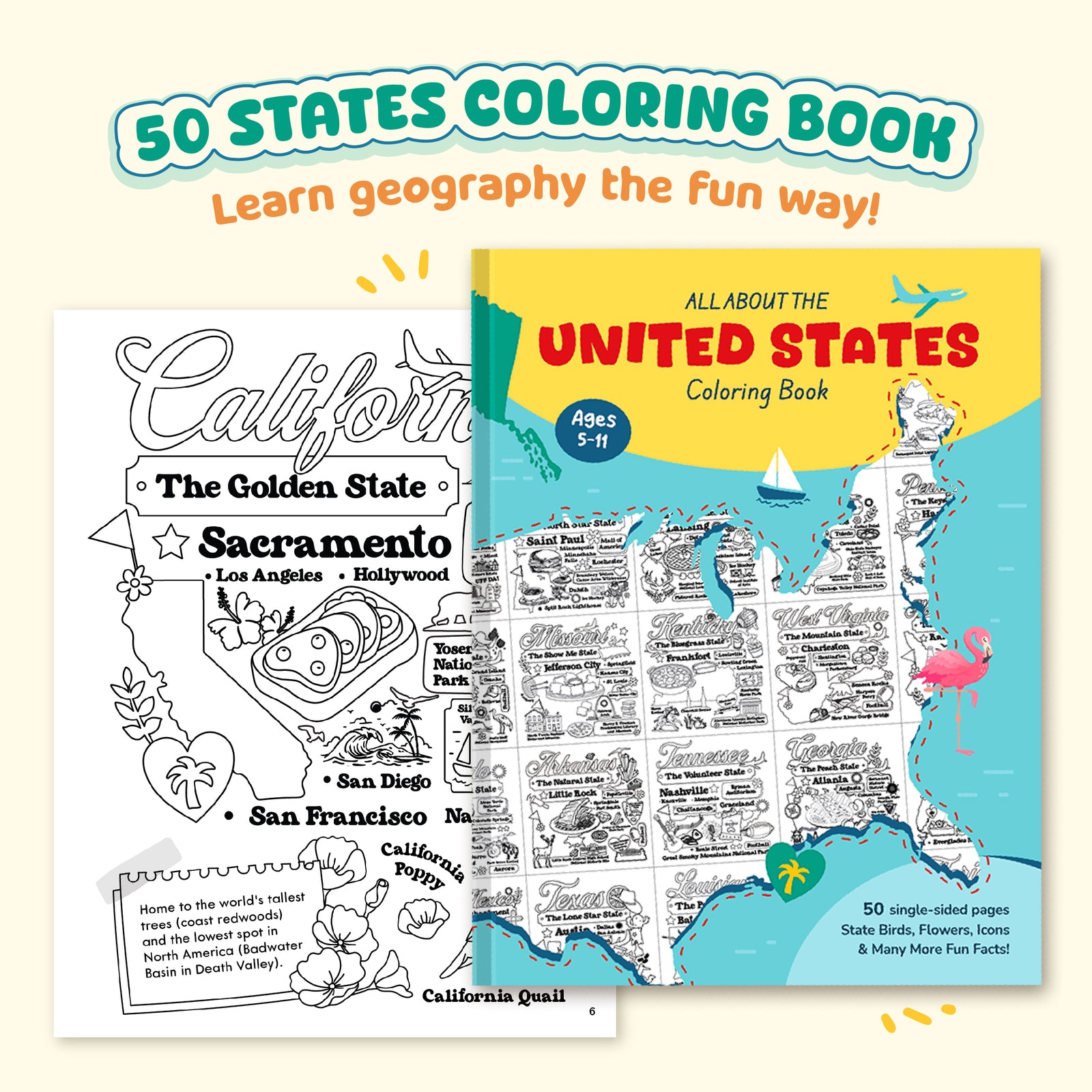 Coloring book for learning about the United States with a map and state illustrations.