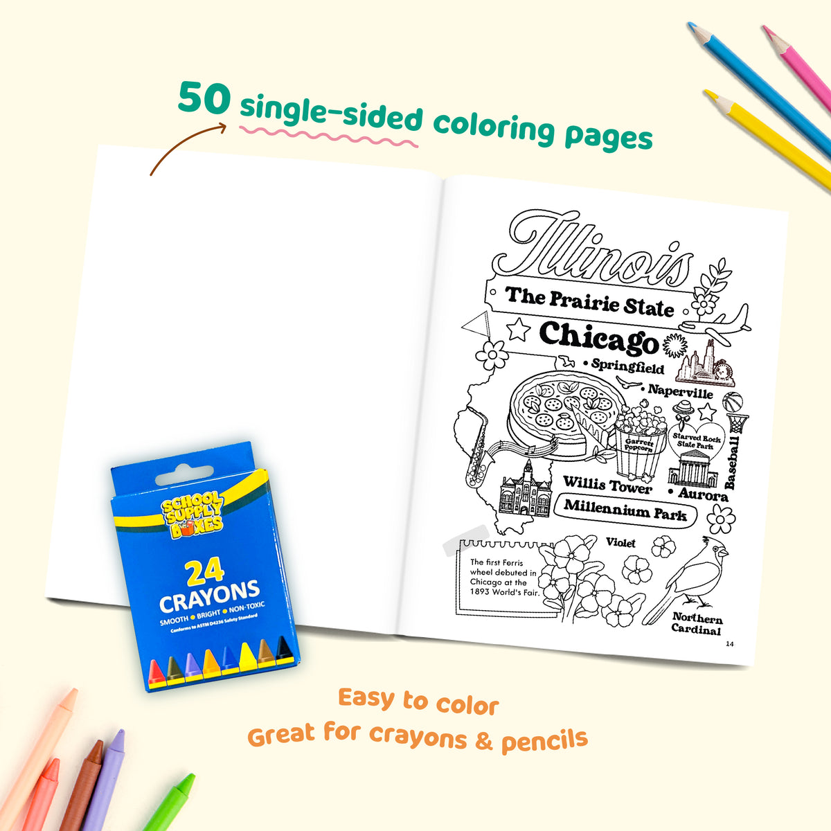 Coloring book with Illinois-themed illustrations and a pack of crayons on a light background
