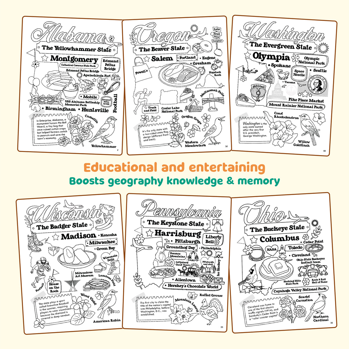 Coloring book pages with state facts and illustrations of Alabama, Oregon, Washington, Wisconsin, Pennsylvania, and Ohio.