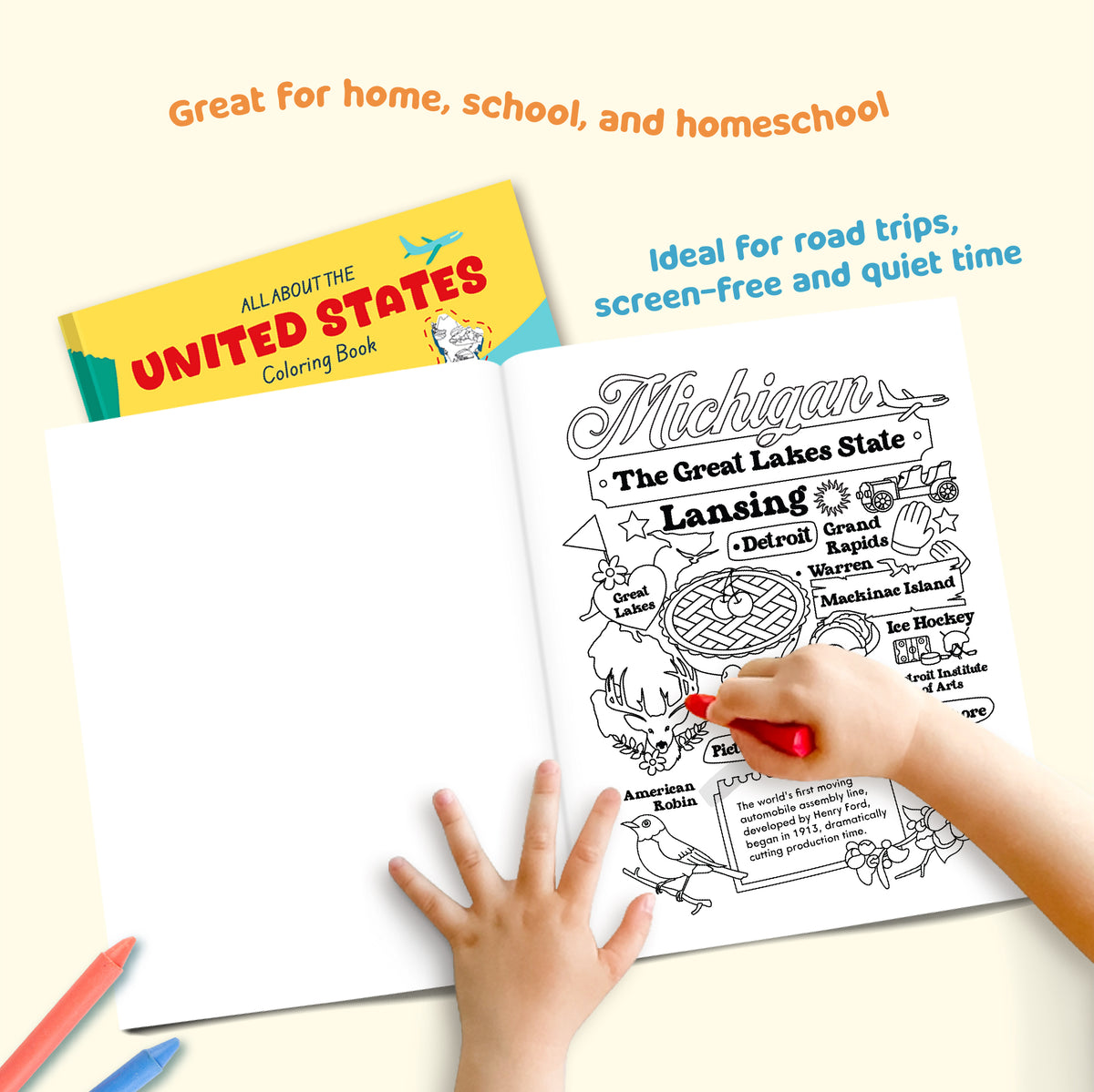 Coloring book with 'Michigan' page and a child coloring, text about home, school, and homeschool use.