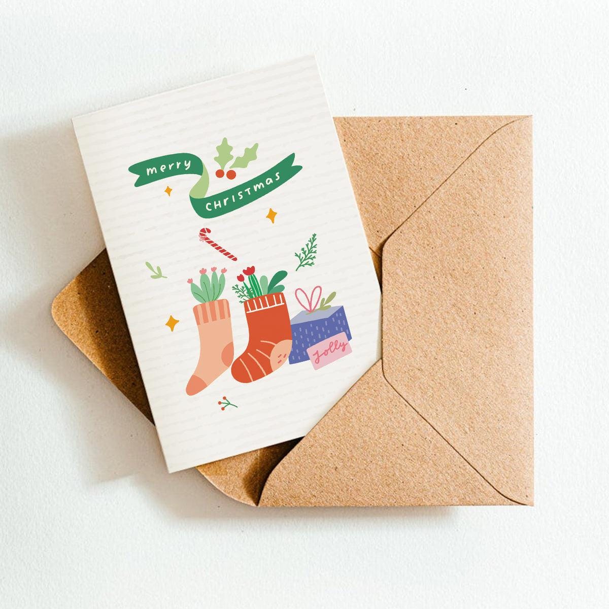 Christmas-themed card with stockings and presents on a white background