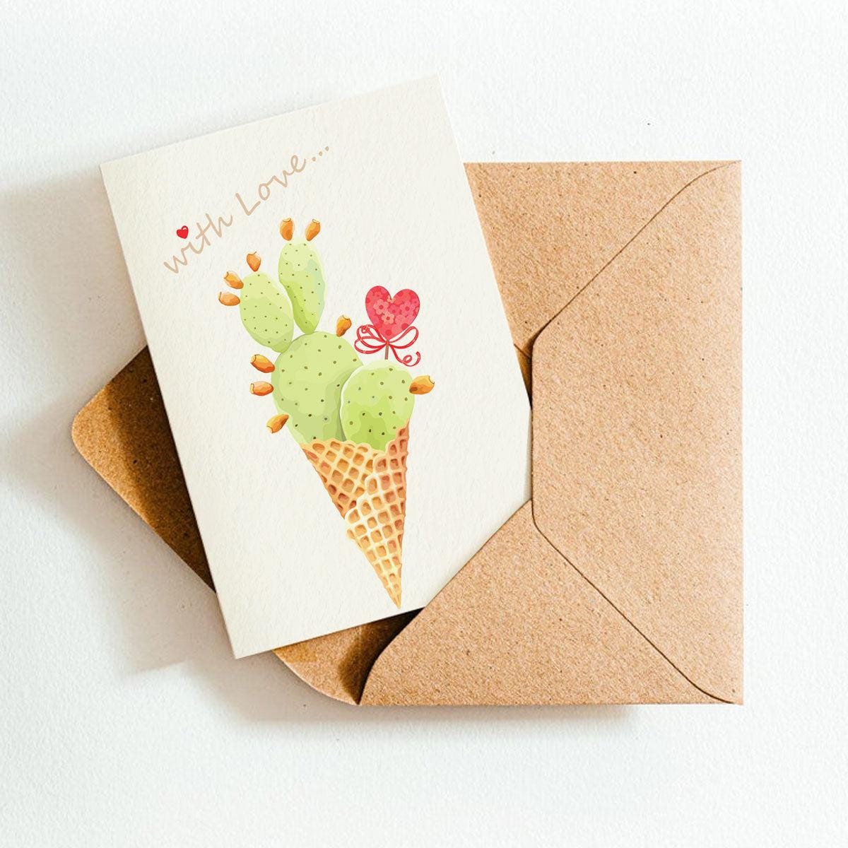 Greeting card with cactus ice cream cone design and brown envelope on white background