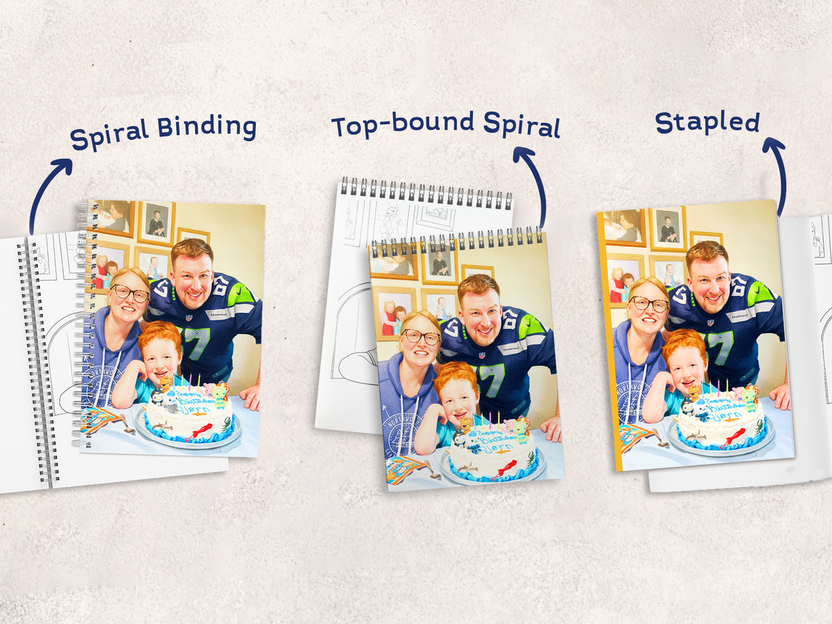 Three photo books with different binding methods on a white background