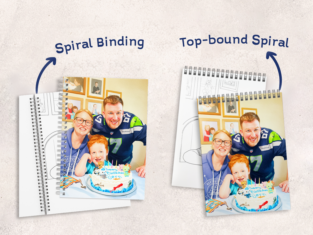 Two photo books with spiral binding and top-bound spiral design, showing a family with a child and cake.
