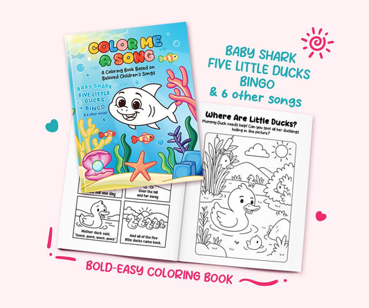 Coloring book with underwater-themed pages and baby shark illustration on a white background.