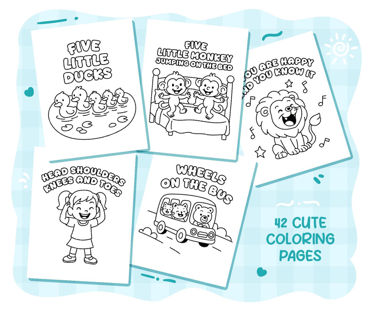 Set of coloring pages with illustrations and text on a blue background