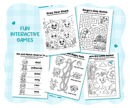 Educational activity sheets with coloring, maze, and word games on a blue background