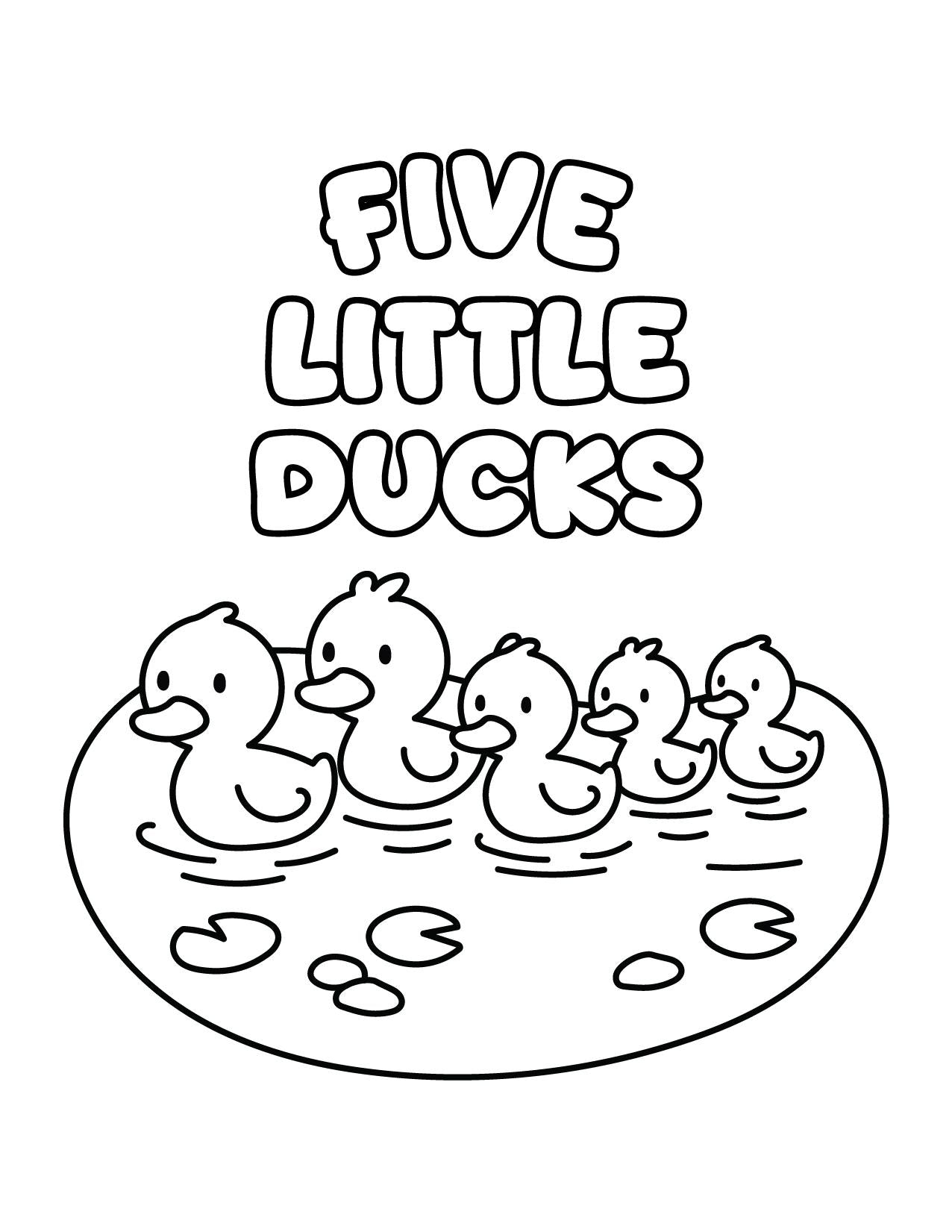 Black and white illustration of five ducks on a lily pad with 'Five Little Ducks' text.