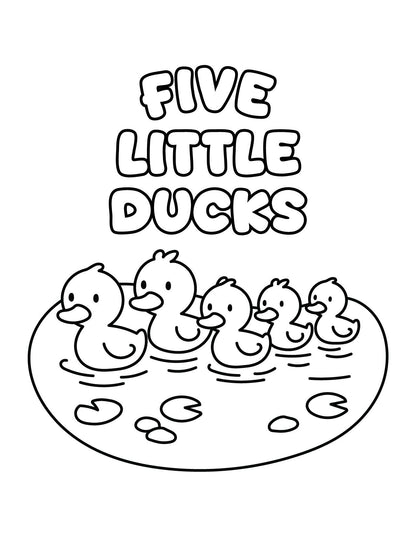 Black and white illustration of five ducks on a lily pad with 'Five Little Ducks' text.