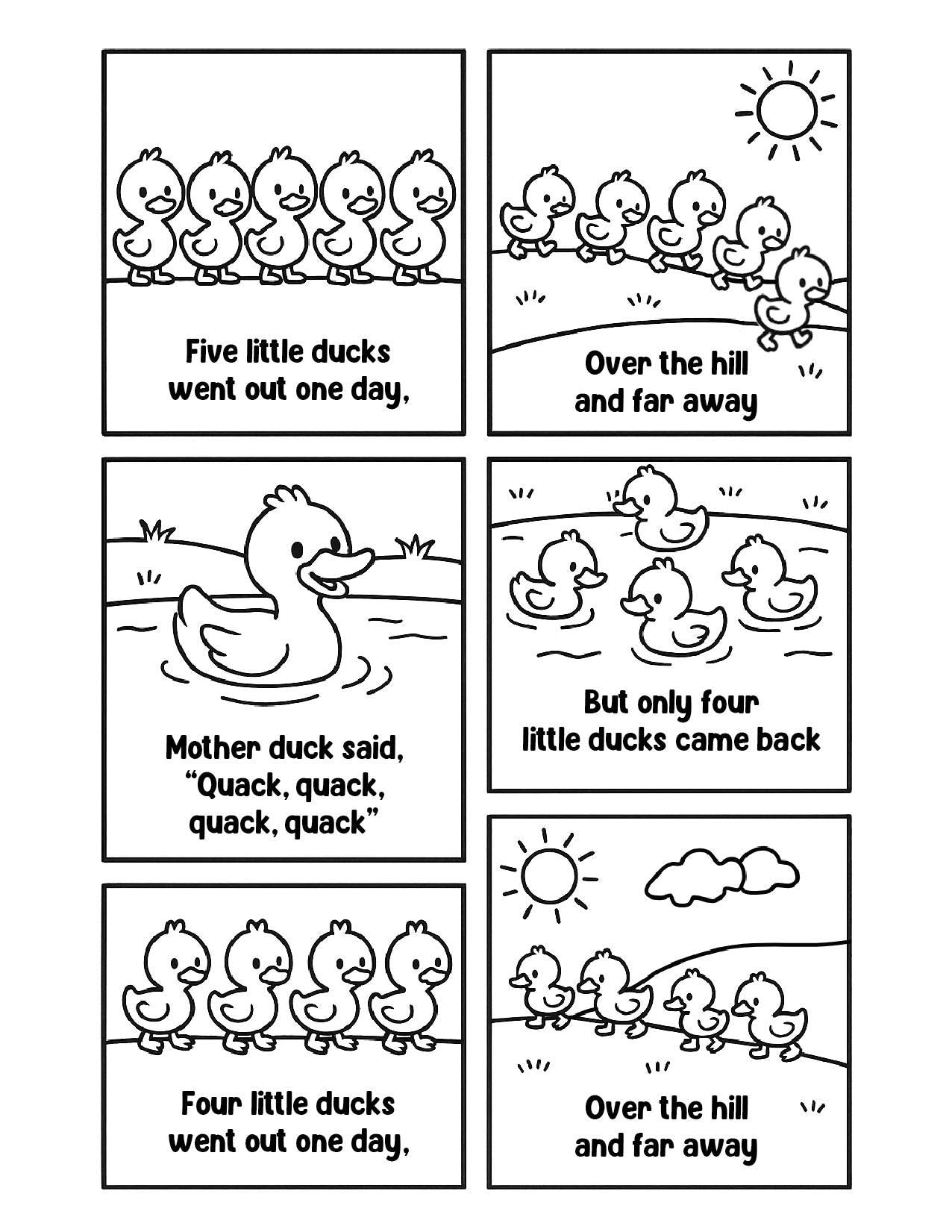 Comic strip with five ducks going out one day, returning with only four, and the mother duck's response.