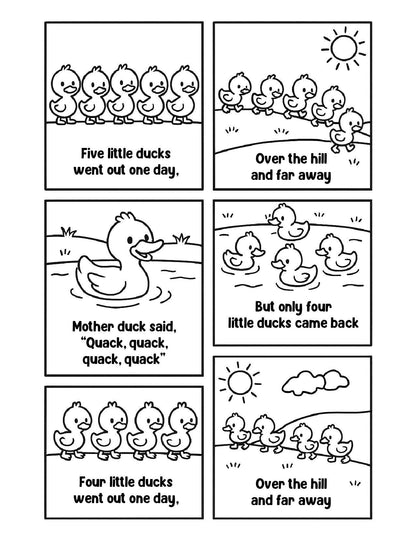 Comic strip with five ducks going out one day, returning with only four, and the mother duck's response.