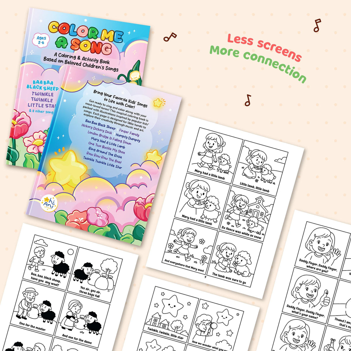 Coloring book and pages with children's illustrations on a beige background