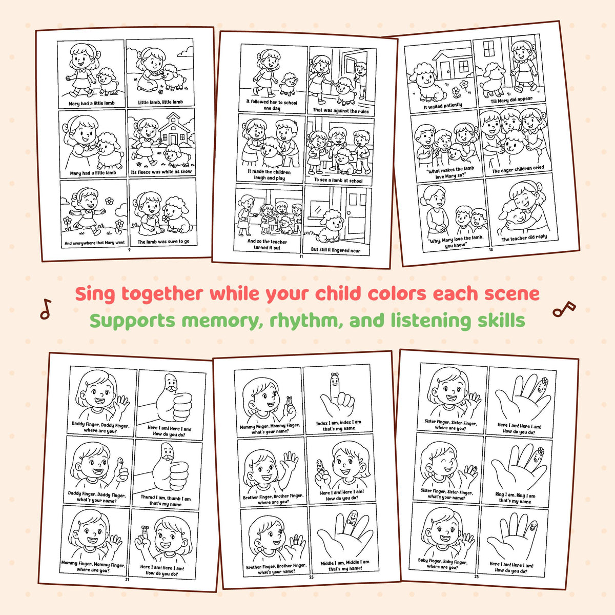 Set of coloring pages with illustrations and text, designed for children to color and sing along.