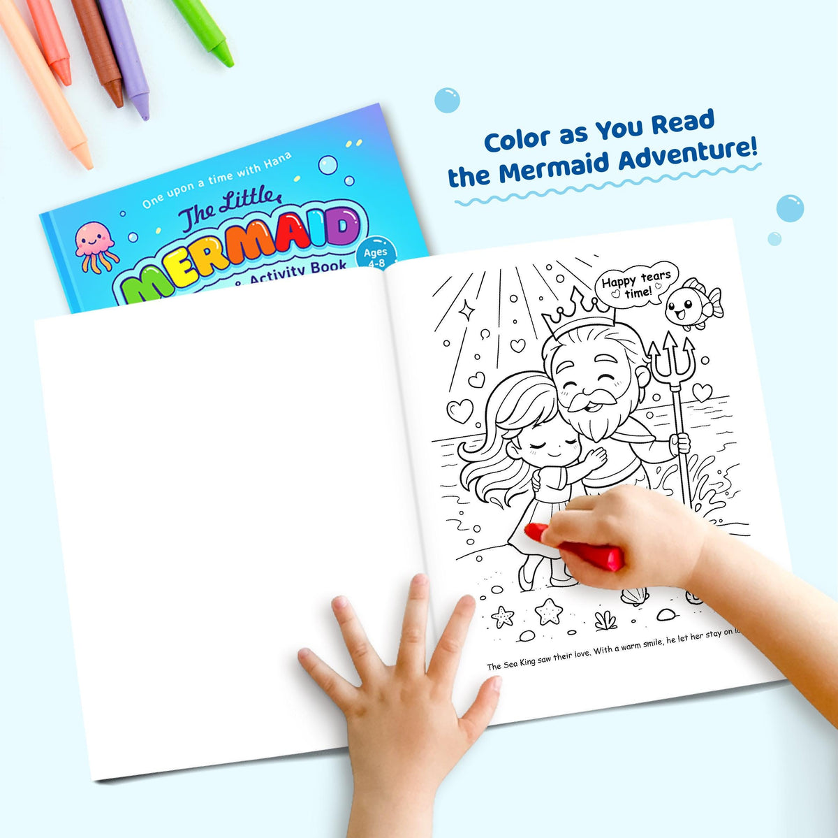 Coloring book titled 'The Little Mermaid' with a child coloring a page, surrounded by markers.