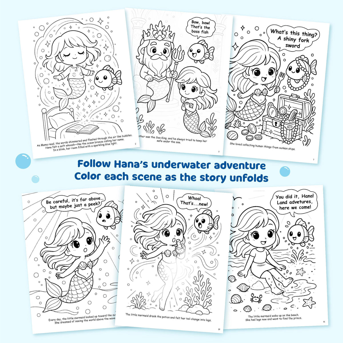 Set of six mermaid-themed coloring pages with illustrations and text.