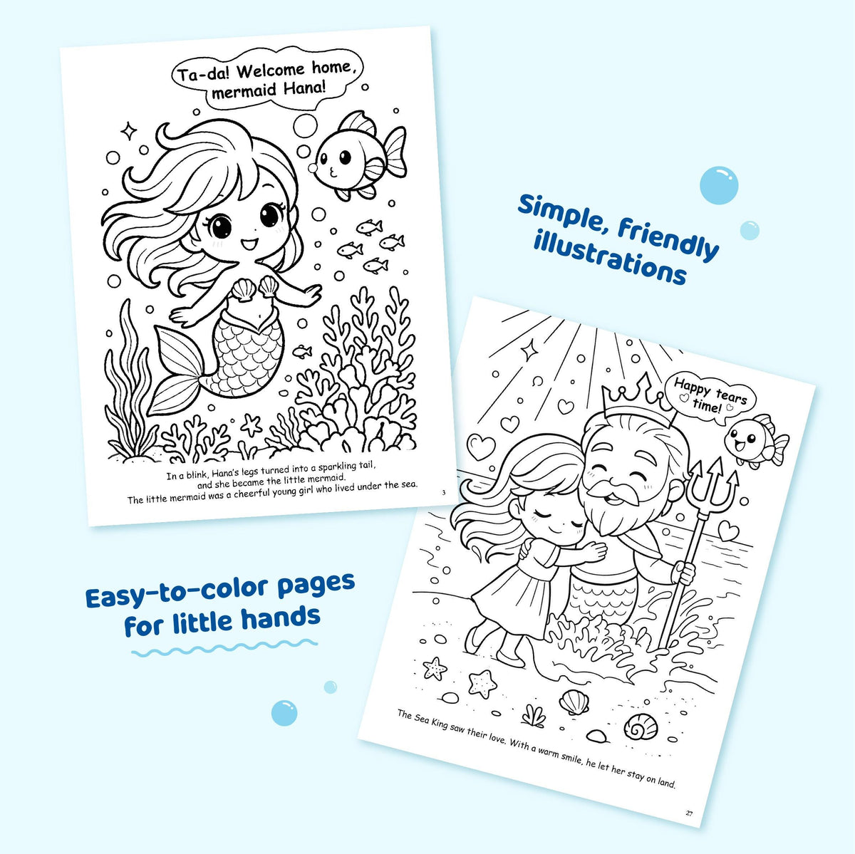 Two coloring pages with mermaid illustrations and text on a light blue background.