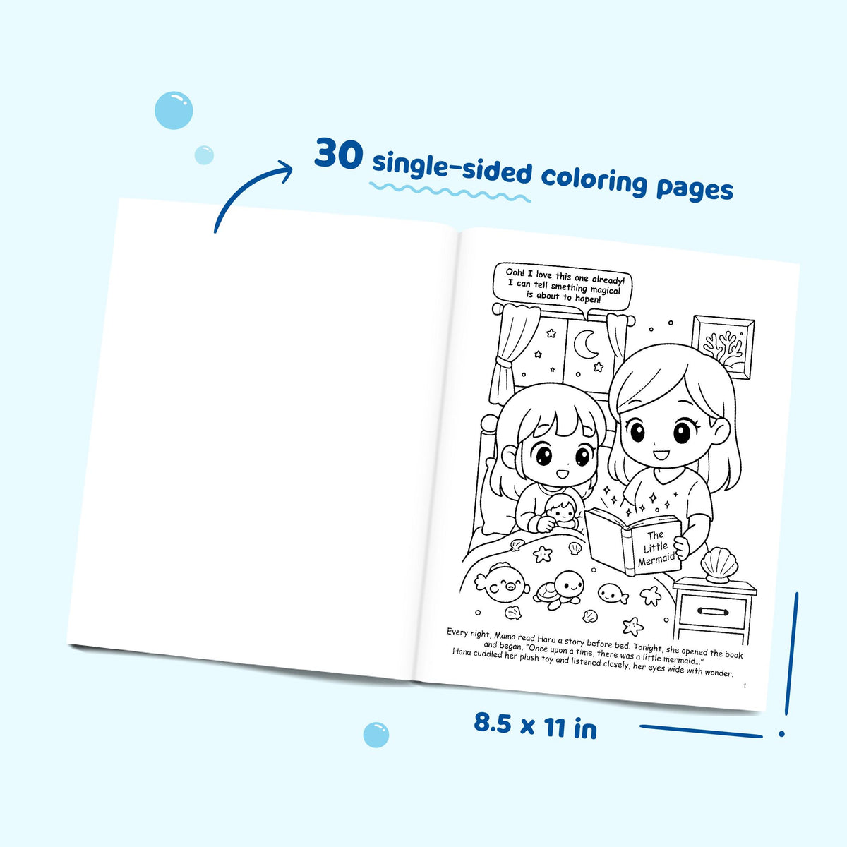 Coloring book open on a light blue background.