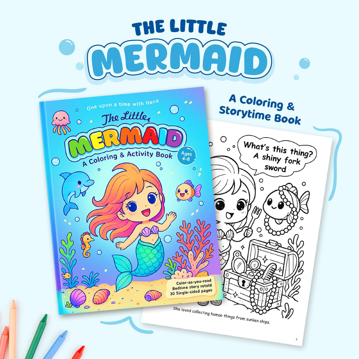Coloring book titled 'The Little Mermaid' with a mermaid illustration on the cover and a coloring page inside.