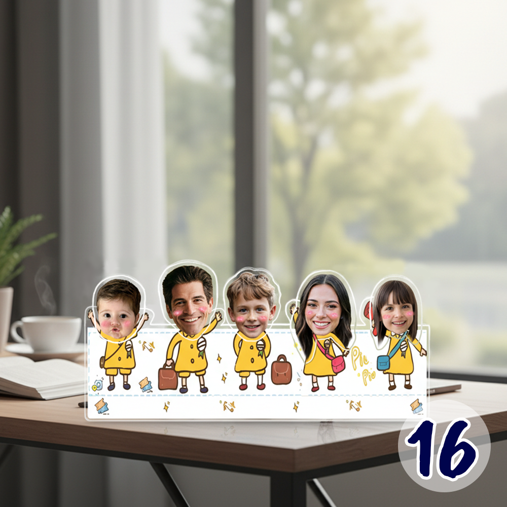 Personalized family bobblehead standee with custom faces in a cute school-themed cartoon design on acrylic base