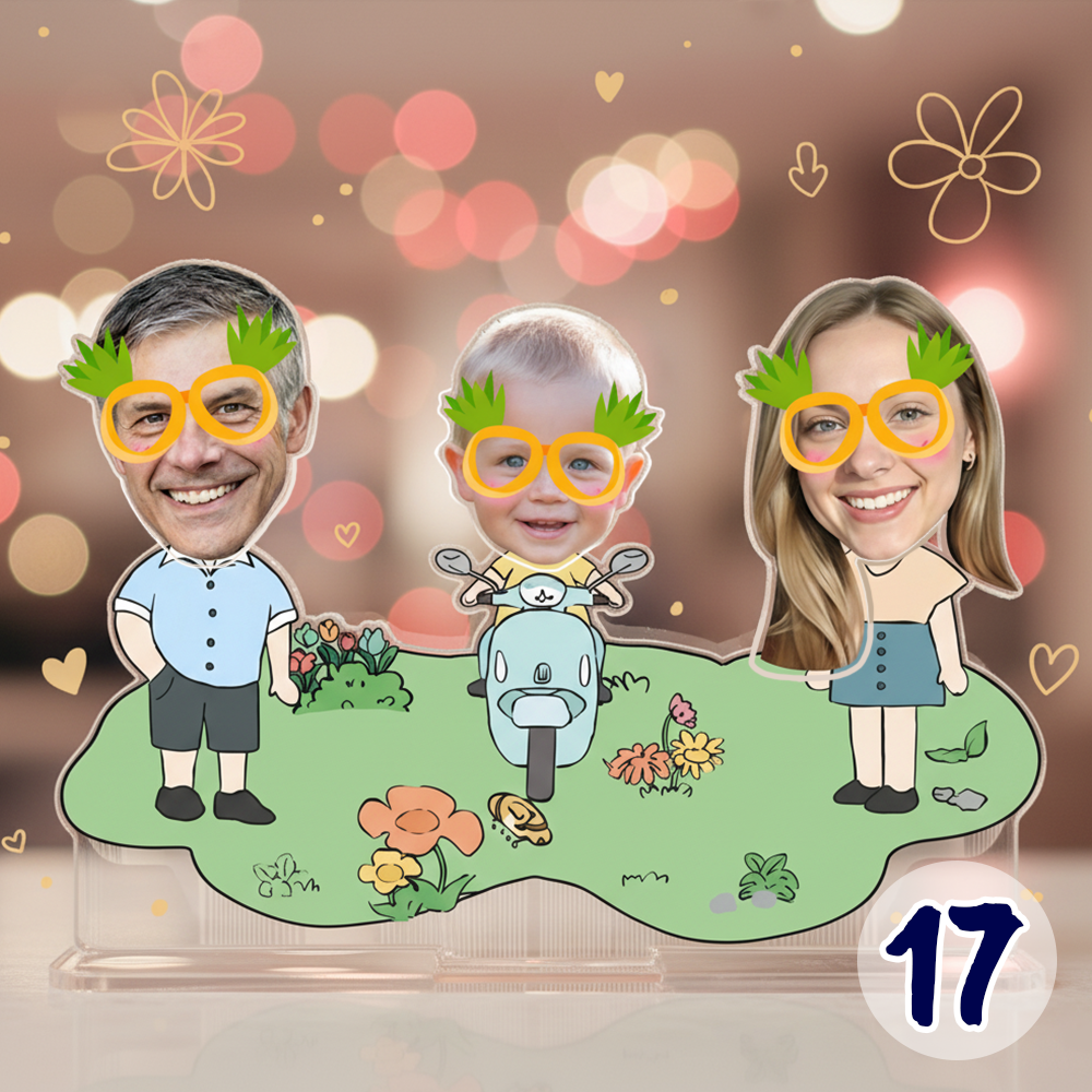 Personalized family bobblehead standee with custom faces in a cute nature-themed cartoon design on acrylic base
