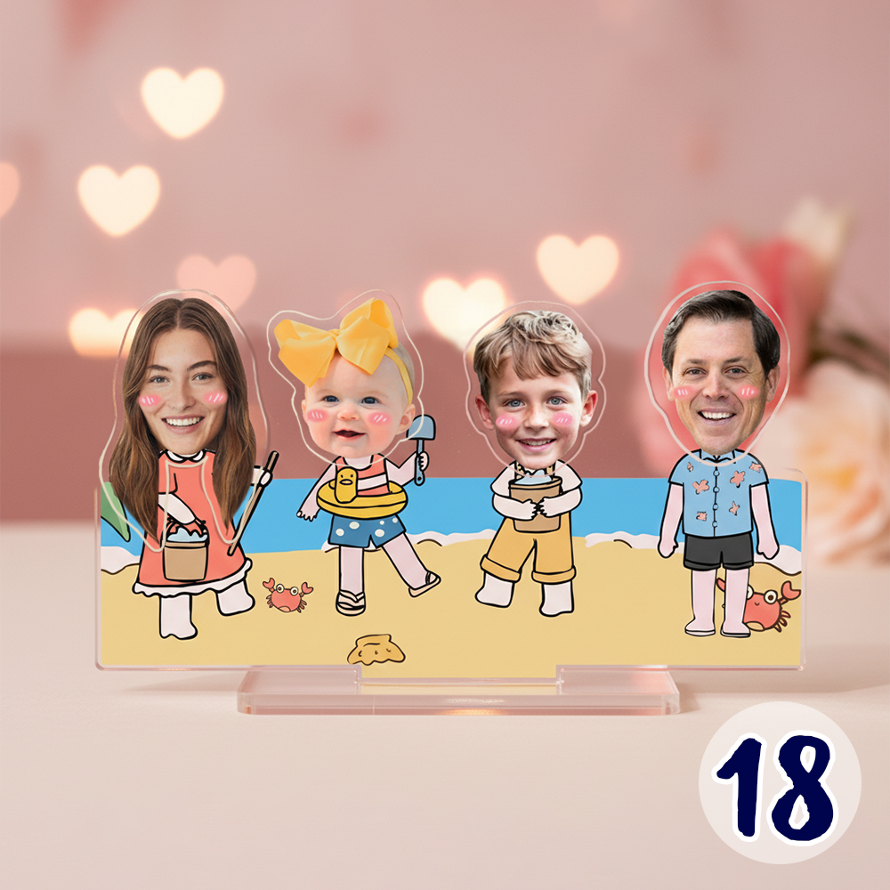 Personalized family bobblehead standee with custom faces in a cute beach-themed cartoon design on acrylic base